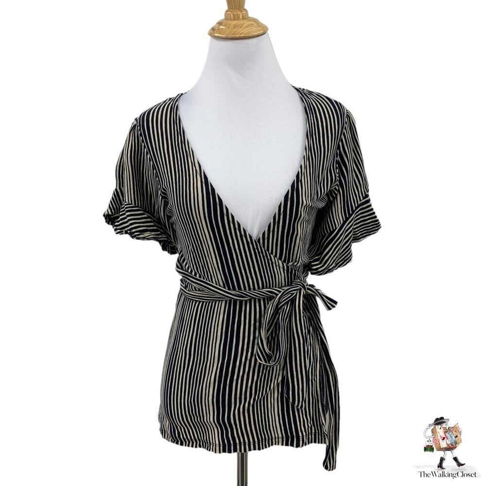 Free People Top Womens S Small Black Wrapped Around My Finger Wrap Cotton Stripe
